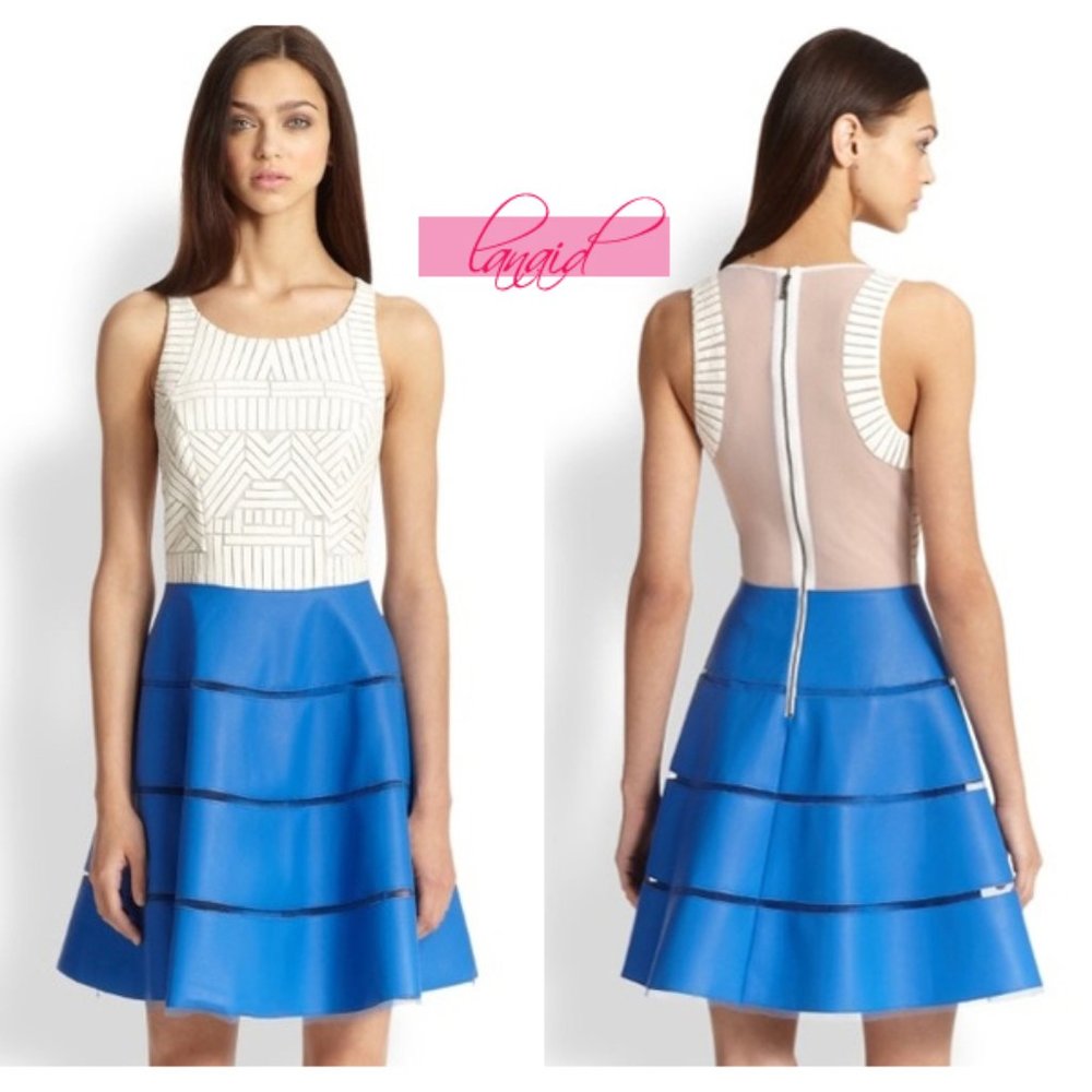 Sachin + Babi Walker Fit & Flare Dress Blue Aster Ivory Skater Faux Leather Mesh
